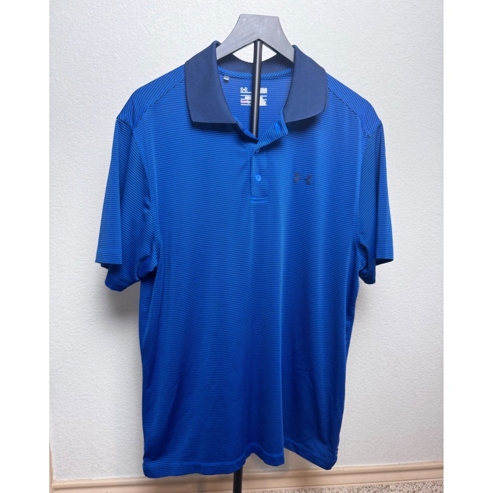 Under Armour Mens HeatGear Polo Shirt Blue Navy Striped Short Sleeve Large Loose